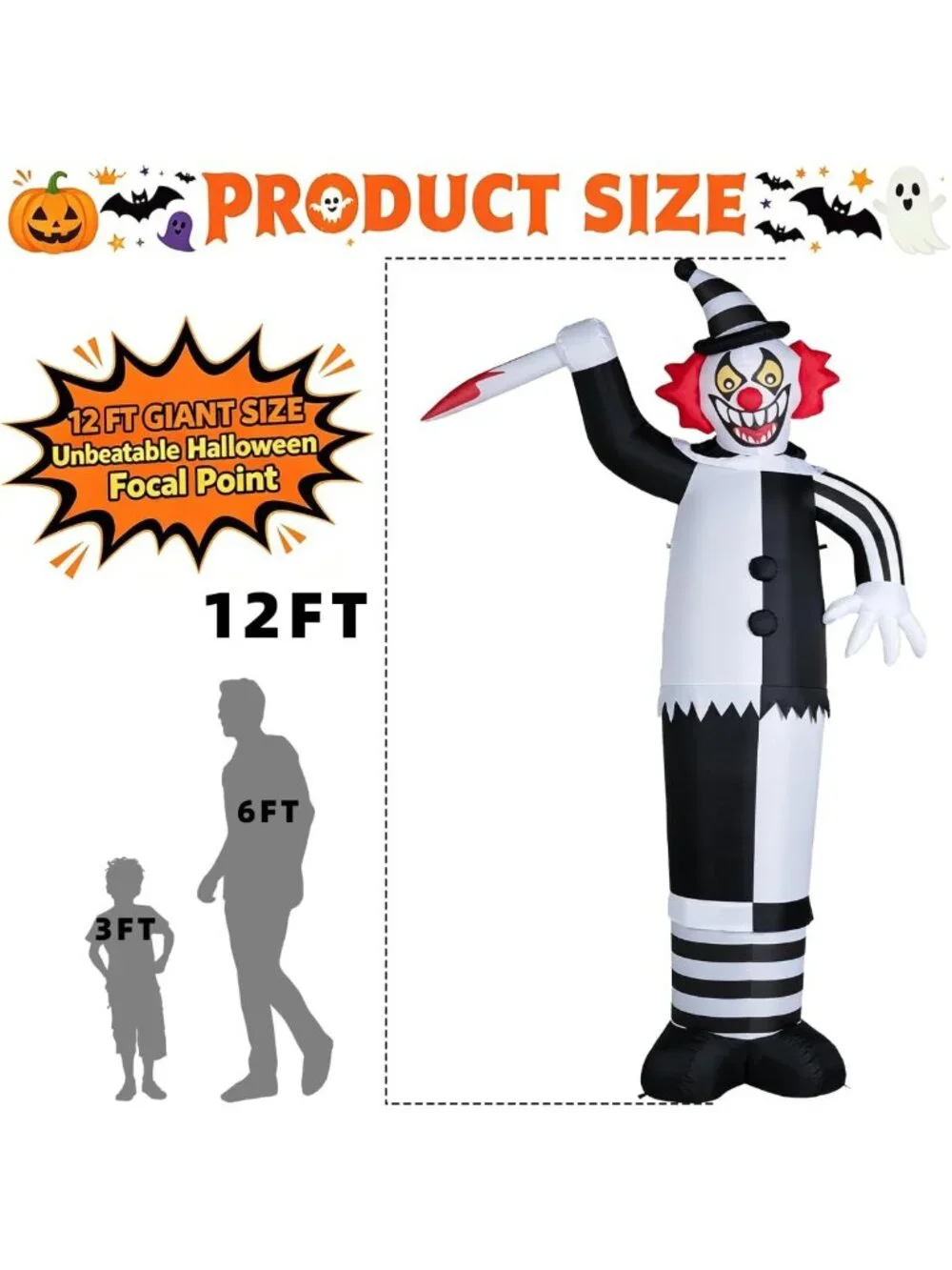 12ft Halloween Inflatable Clown Decoration with Knife - Spooky Outdoor Yard